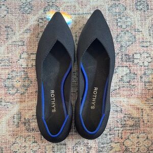 Rothy's Black Pointed Knit Flats with Blue Trim